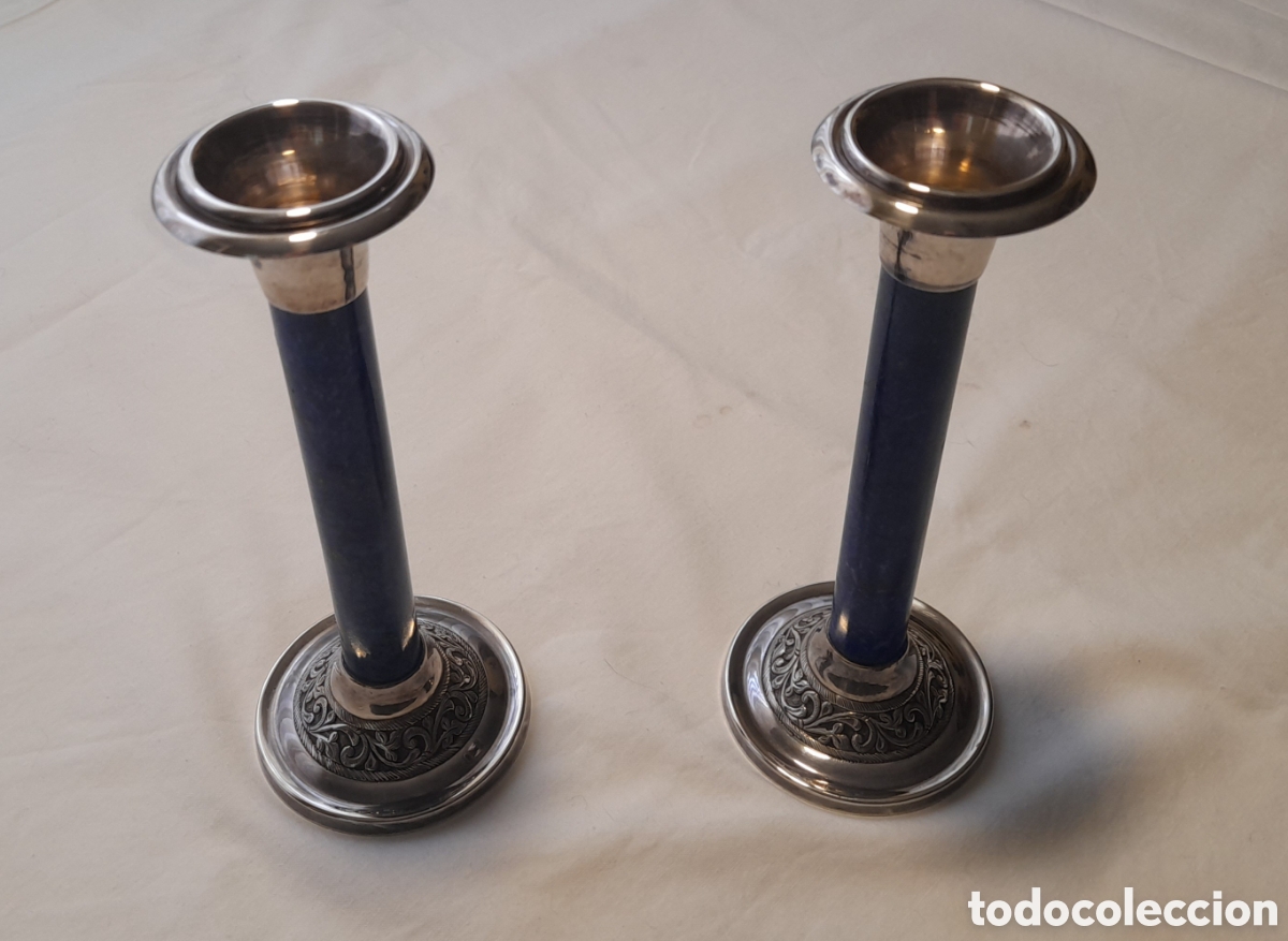 Vintage: Dos Candelabros de plata y Lapislazuli - Foto 1