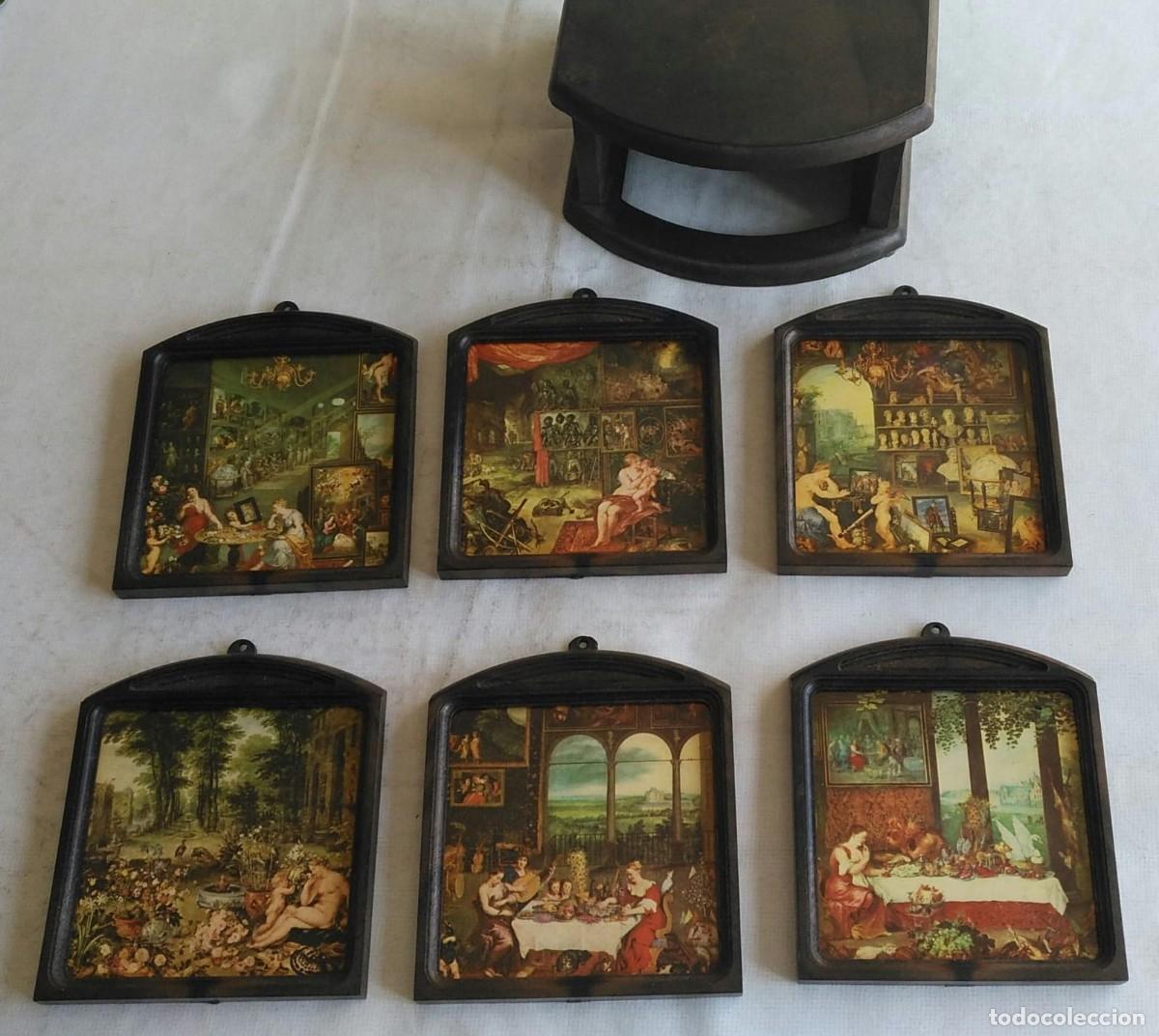 Vintage: M289 Caja pl&aacute;stico imitaci&oacute;n madera con 6 posavasos con im&aacute;genes pinturas famosas - 13cm x 13cm 8cm