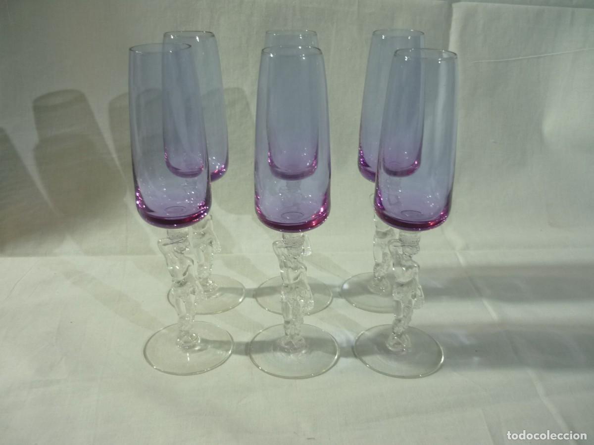 Vintage: 6 copas de vidrio con columnas en forma de mujer - Foto 2