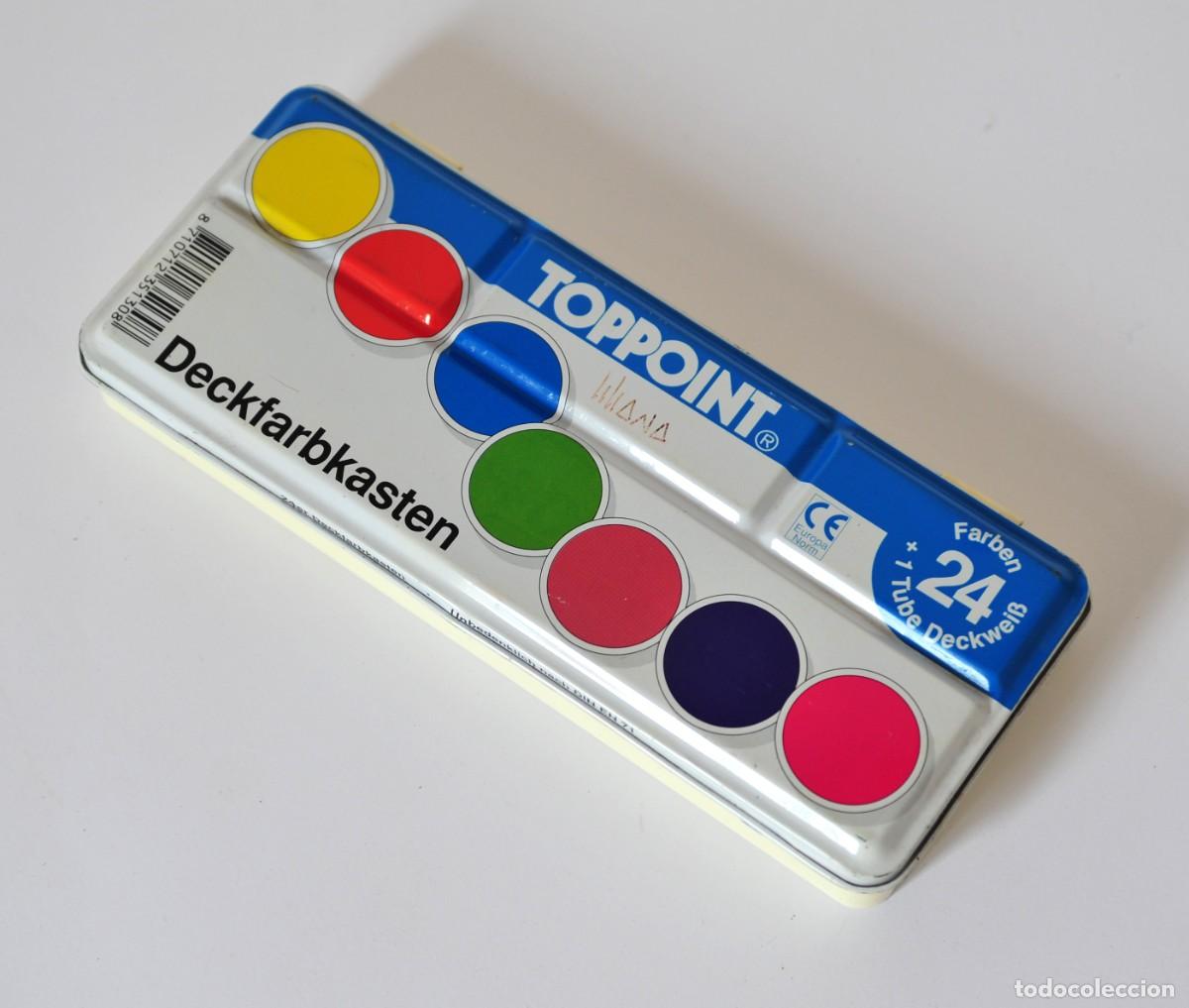 Vintage: Caja de acuarelas Toppoint, Made in Germany. De pl&aacute;stico y metal, con 24 pastillas de colores.