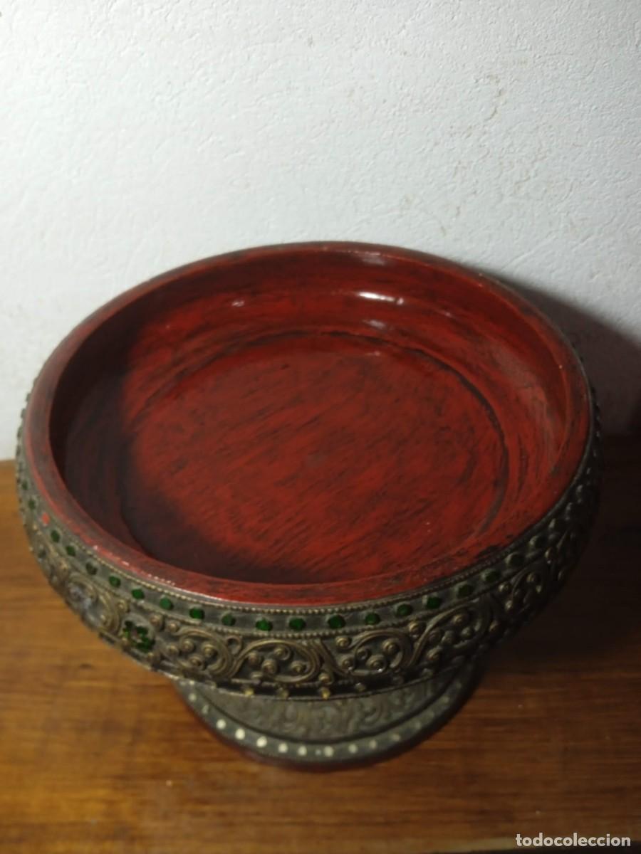 Vintage: Cuenco de madera lacado rojo y negro de Birmania - Foto 2