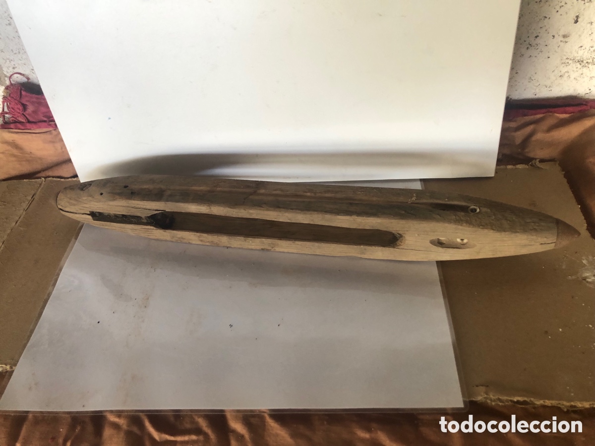 Vintage: LANZADERA DE TELAR - MADERA ENCINA - VOLANTE LANZA