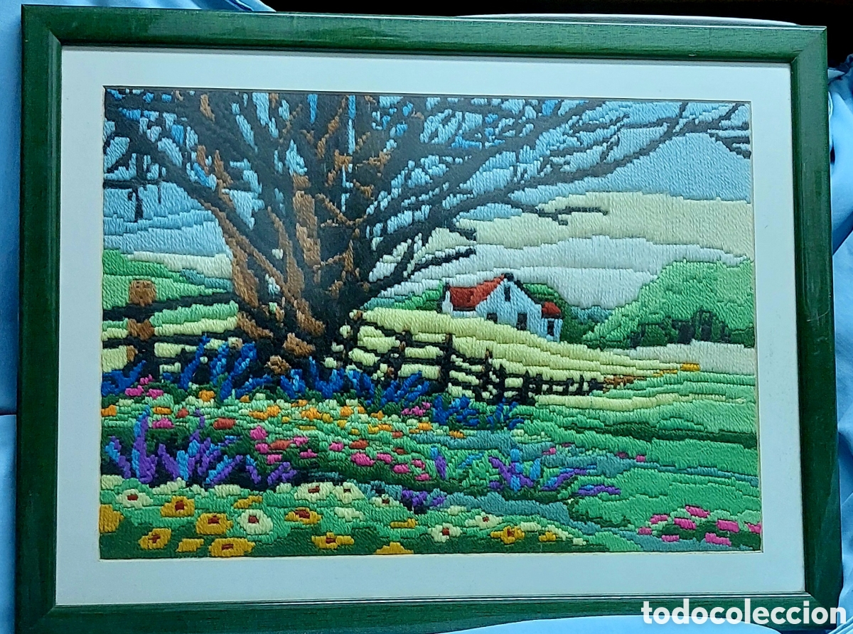 Vintage: Cuadro paisaje hecho a mano, bordado a puntada larga