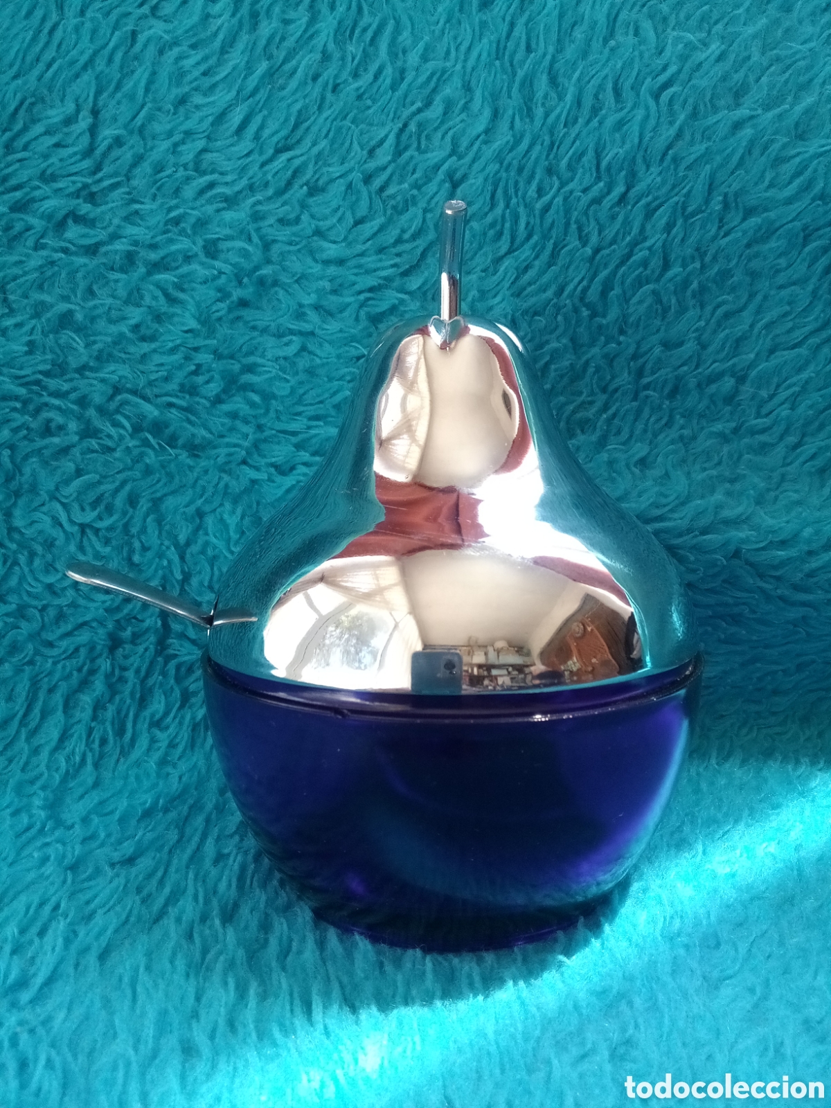 Vintage: AZUCARERO PERA CRISTAL COBALTO Y METAL