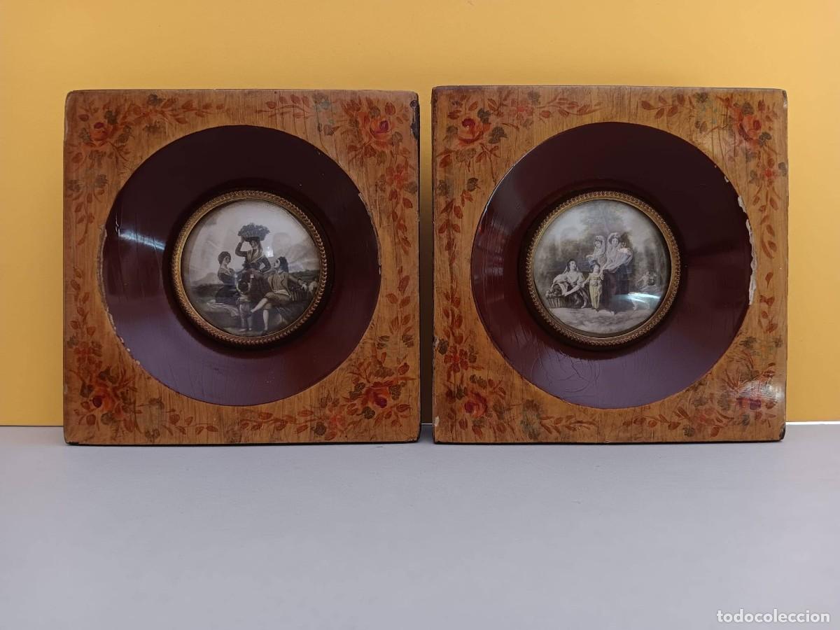 Vintage: antigua pareja de cuadros en madera con bonitos detalles e ilustracion en centro vintage