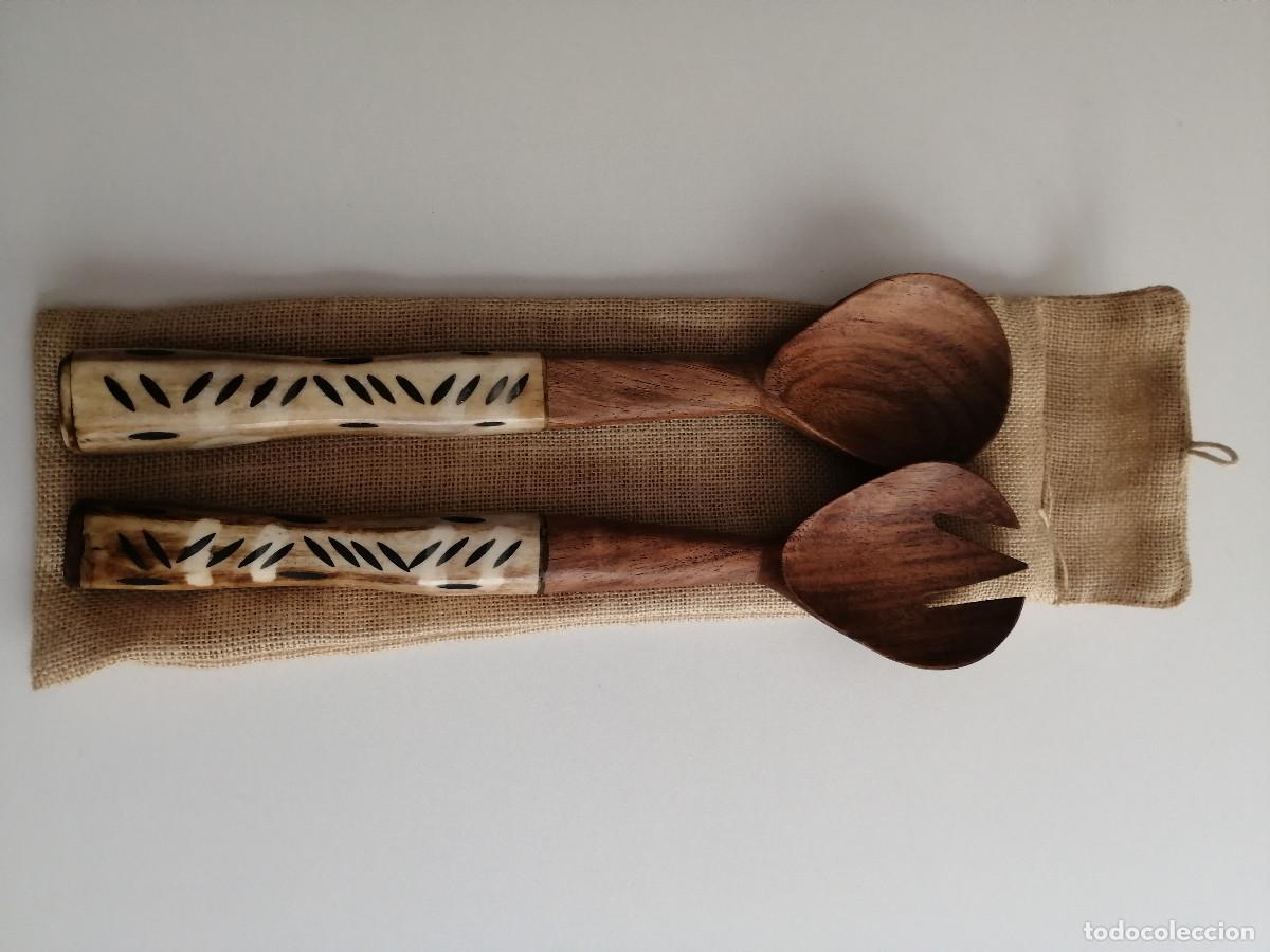 Vintage: CUBIERTOS SERVIR RUSTICO MADERA CERAMICA - Foto 4