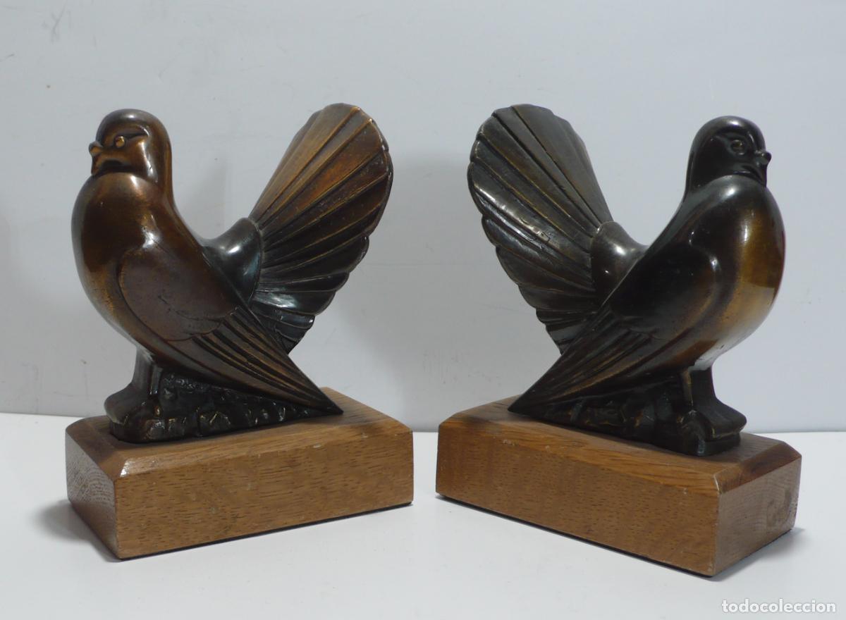 Vintage: SUJETALIBROS DE PALOMAS CON PEANA DE MADERA - Foto 1
