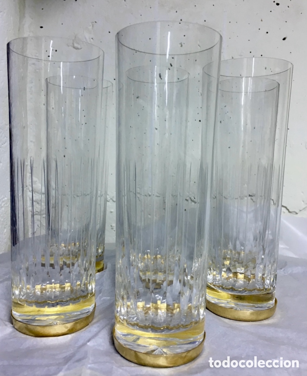 Vintage: Vasos de tubo (6). Cristal con metal dorado en la base. A&ntilde;os 70.