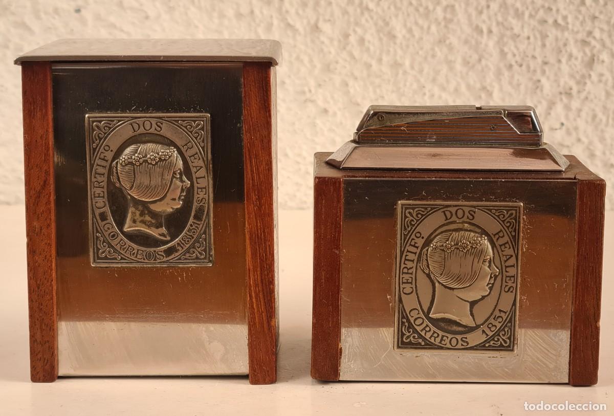 Vintage: Conjunto Tabaquera y Encendedor Sello 2 Reales 1851 Isabel II - Filatelia Decoraci&oacute;n Vintage