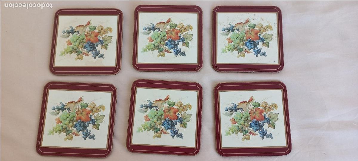 Vintage: JUEGO DE SEIS POSAVASOS CON ESCENAS RACIMO DE UVAS. PIMPERNEL, MADE IN ENGLAND. EN MADERA Y CORCHO
