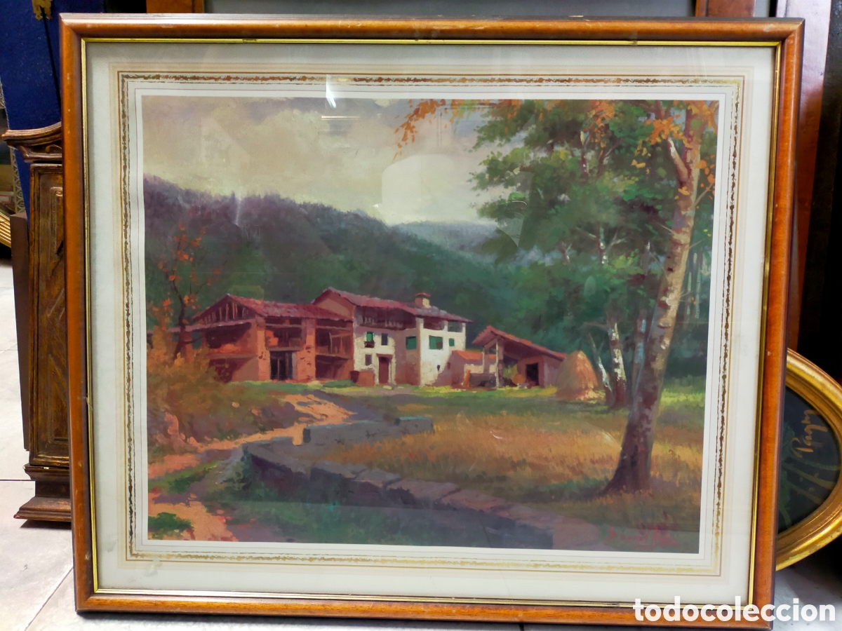 Vintage: LAMINA DECORATIVA, PAISAJE SOBRE OBRA DE BARRAL RUBIO. ENMARCADO.