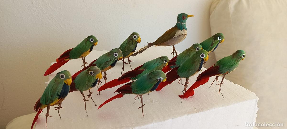 Vintage: LOTE DE 12 PAJAROS HECHOS CON PLUMAS. AVES, LOROS.