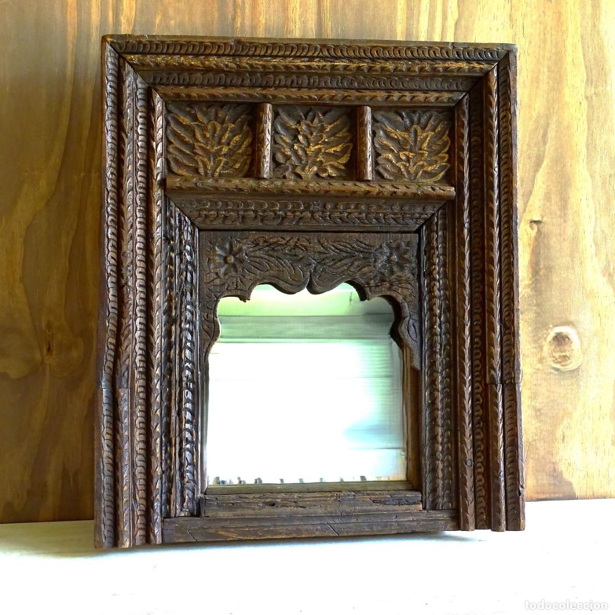 Vintage: Espejo antiguo de India de madera tallada - Foto 1