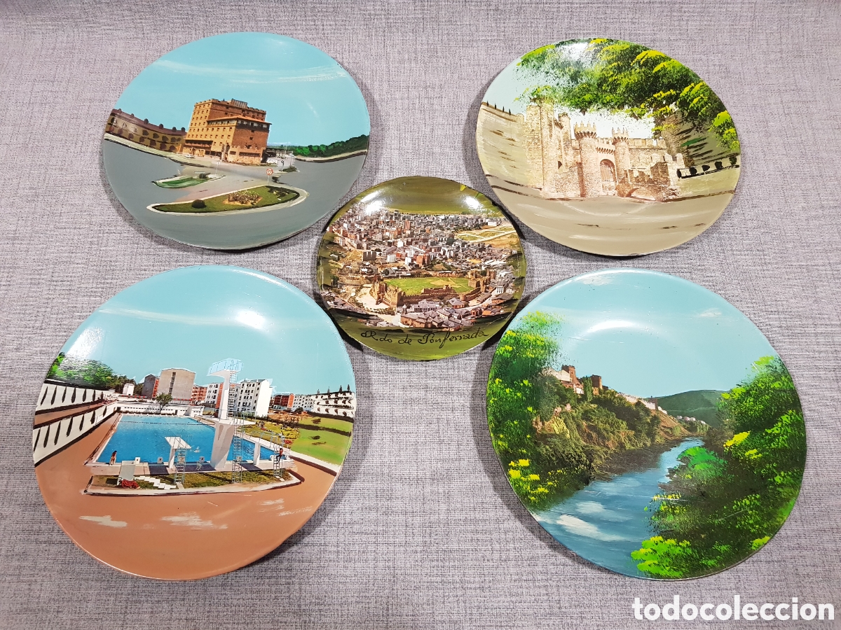 Vintage: PLATOS DECORATIVOS DE PL&Aacute;STICO. RECUERDO DE PONFERRADA. EL BIERZO. CASTILLO. R&Iacute;O SIL. HOTEL TEMPLE.