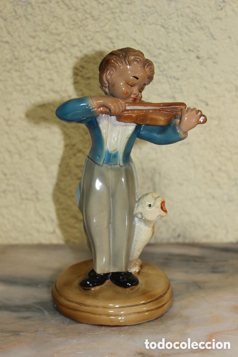 Vintage: Figurine de chico con violin y gato. - Foto 1