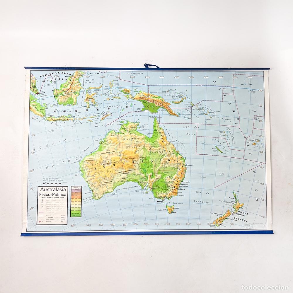 Vintage: Mapa F&iacute;sico y Pol&iacute;tico de Ocean&iacute;a Vicens-Vives, 1977.