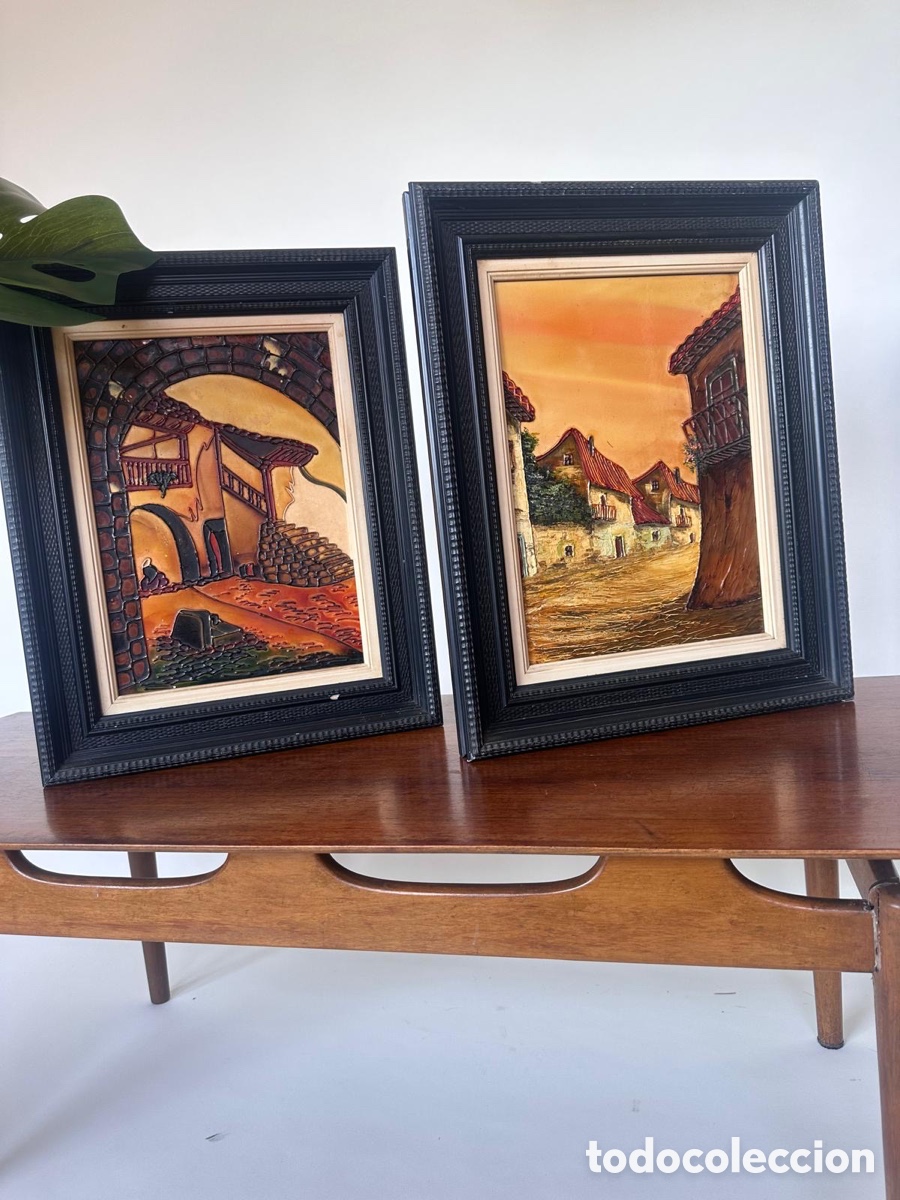 Vintage: Pareja cuadros paisaje rural Espa&ntilde;a campo tradicional vintage esmalte pintura