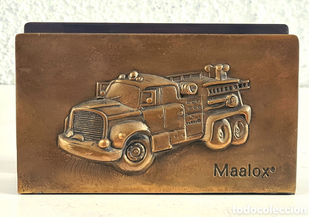 Vintage: Display Expositor Publicidad Medicamento Anti&aacute;cido Maalox Cami&oacute;n Bomberos - Bronce Grabado F. Veigas