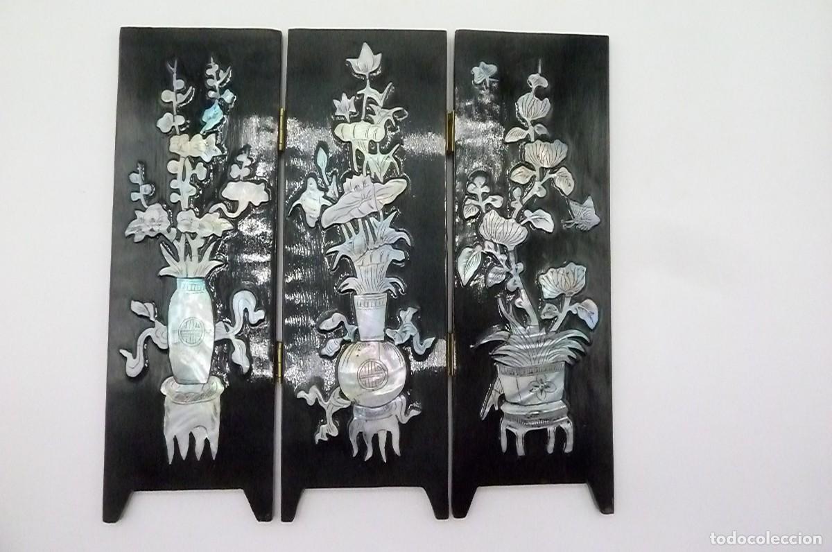 Vintage: Mini biombo lacado, flores de concha incrustadas - Foto 4