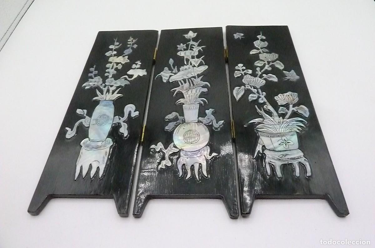 Vintage: Mini biombo lacado, flores de concha incrustadas - Foto 5