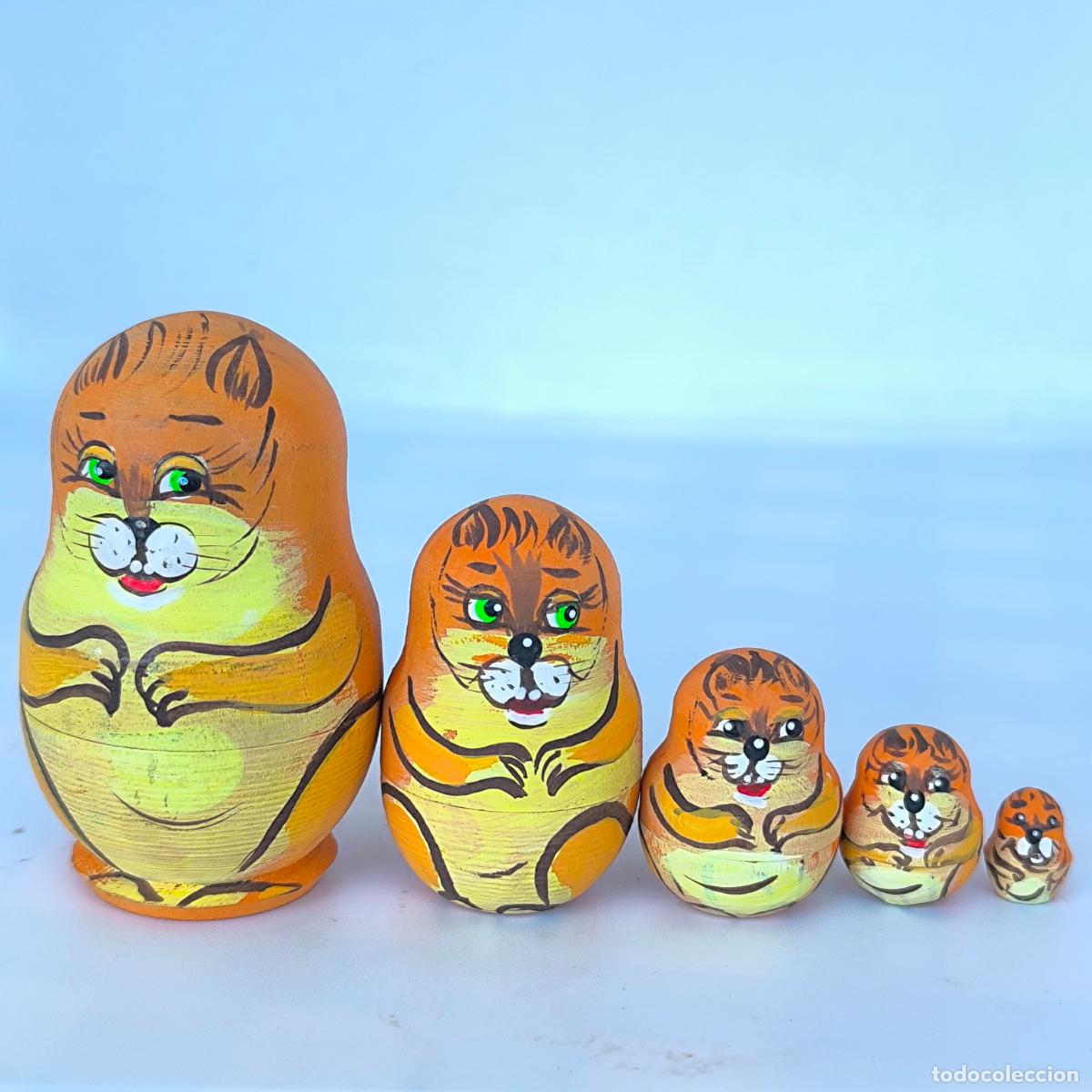 Vintage: MU&Ntilde;ECA RUSA MATRIOSHKA ANIMALES DE MADERA PINTADA A MANO DE 5 PIEZAS