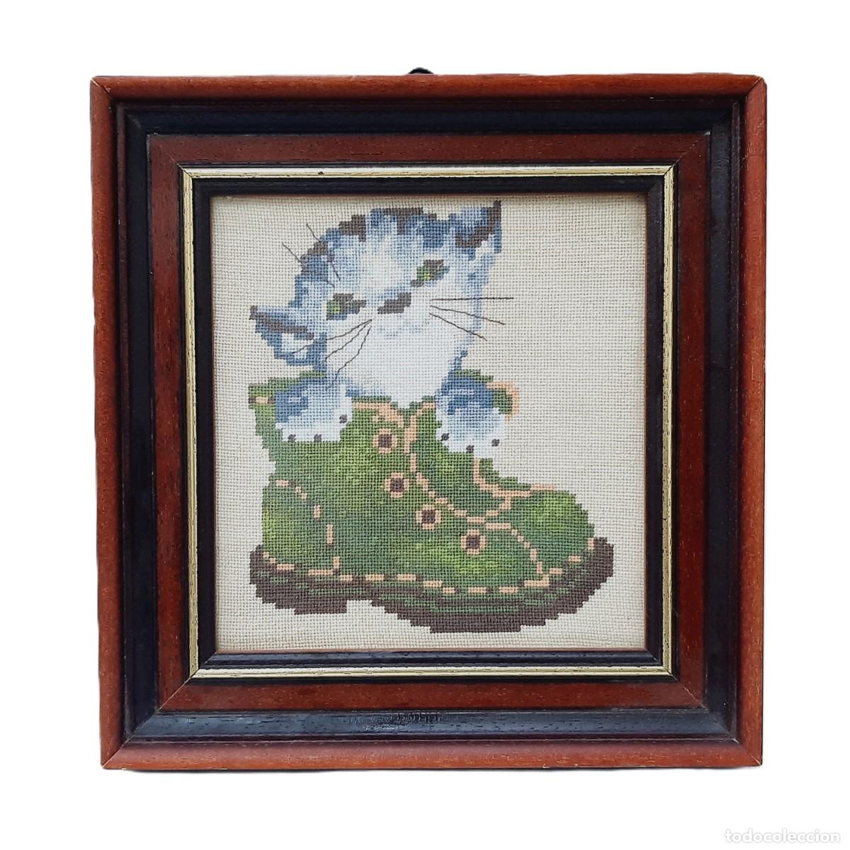 Vintage: Tapiz de punto de cruz enmarcado vintage 23 cm