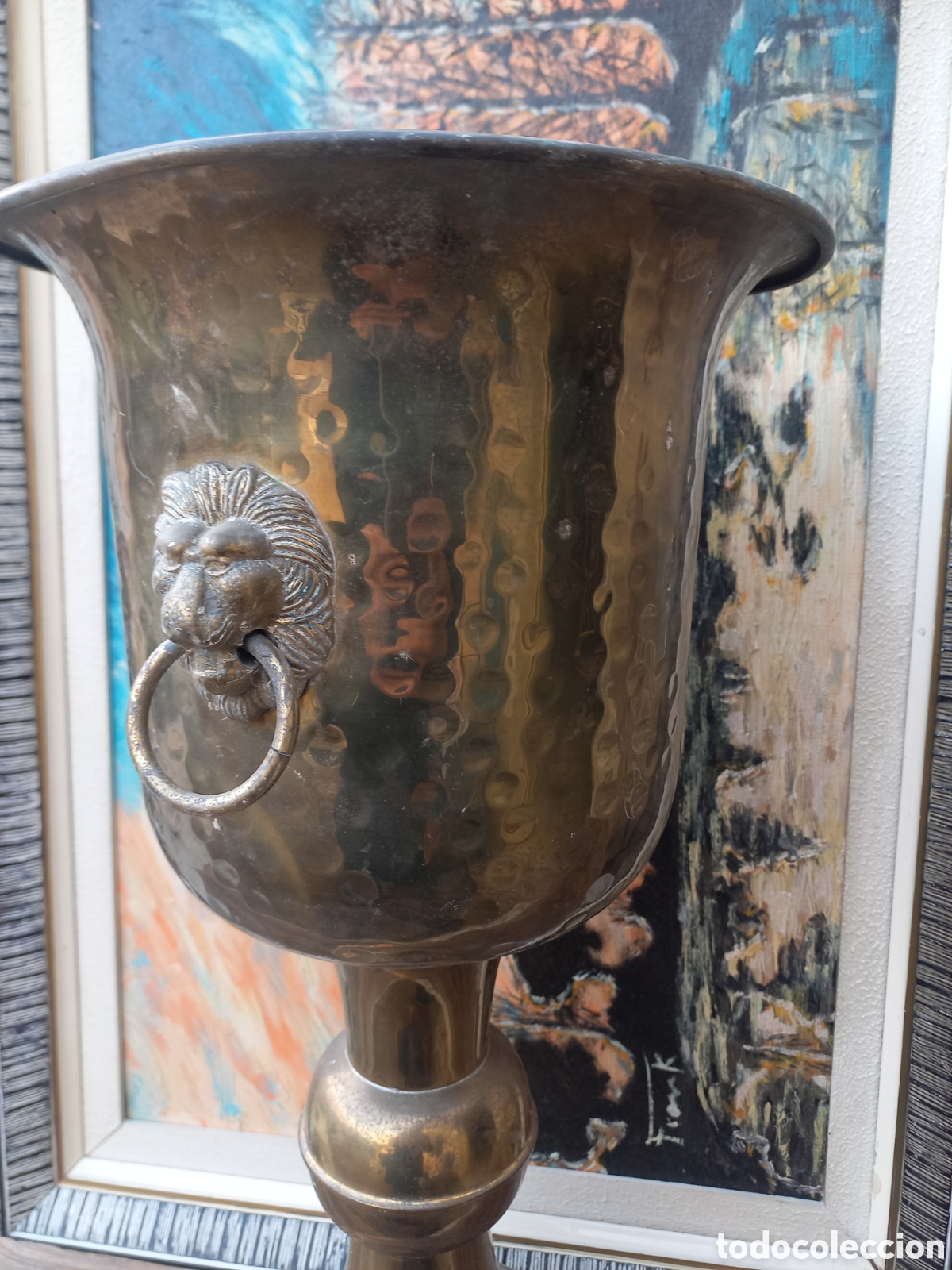 Vintage: Macetero cabeza de le&oacute;n grande de pie bronce - Foto 3