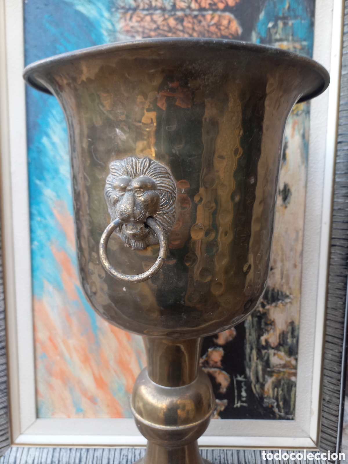Vintage: Macetero cabeza de le&oacute;n grande de pie bronce - Foto 1
