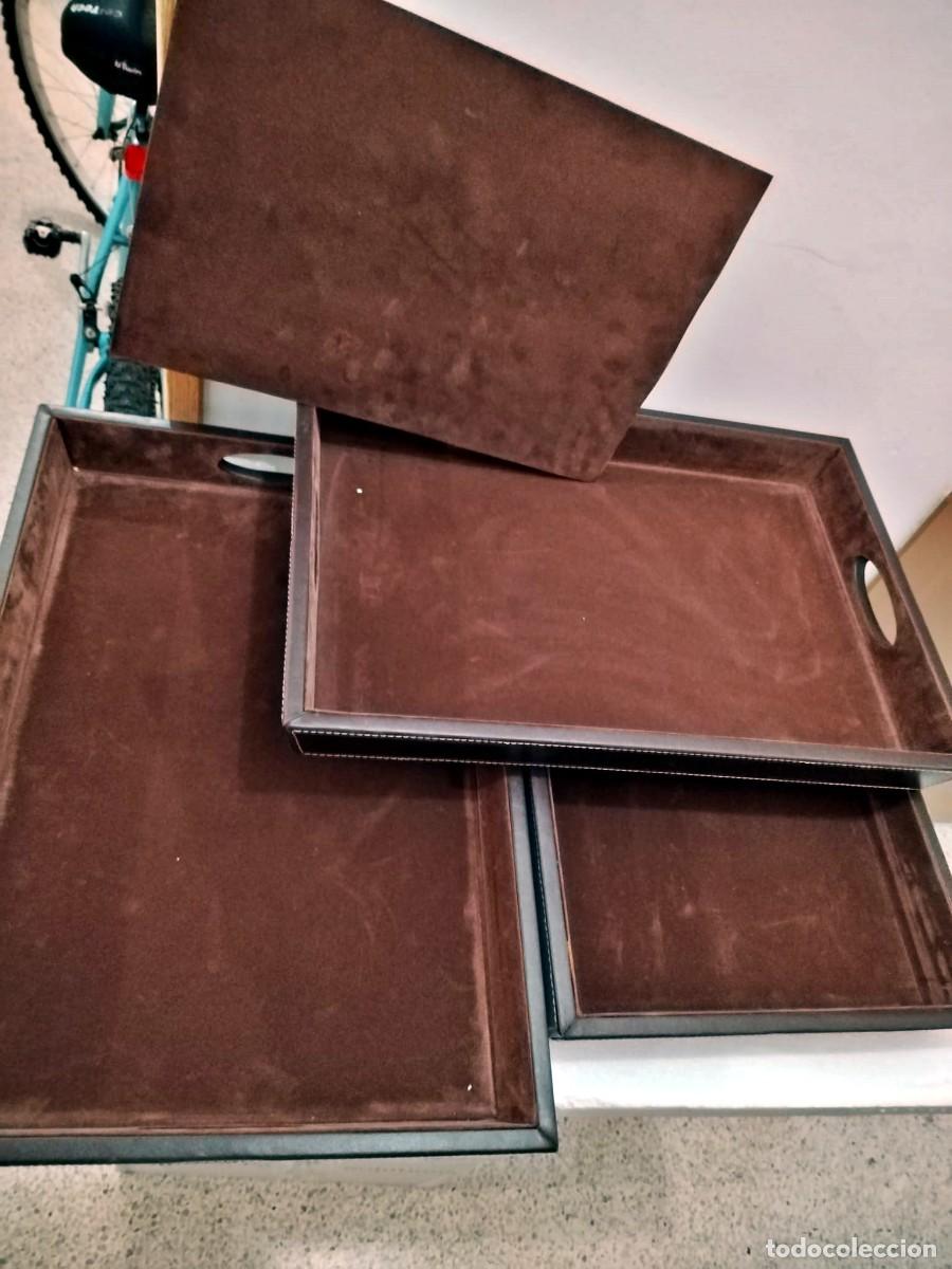 Vintage: Juego 3 bandejas madera forradas piel