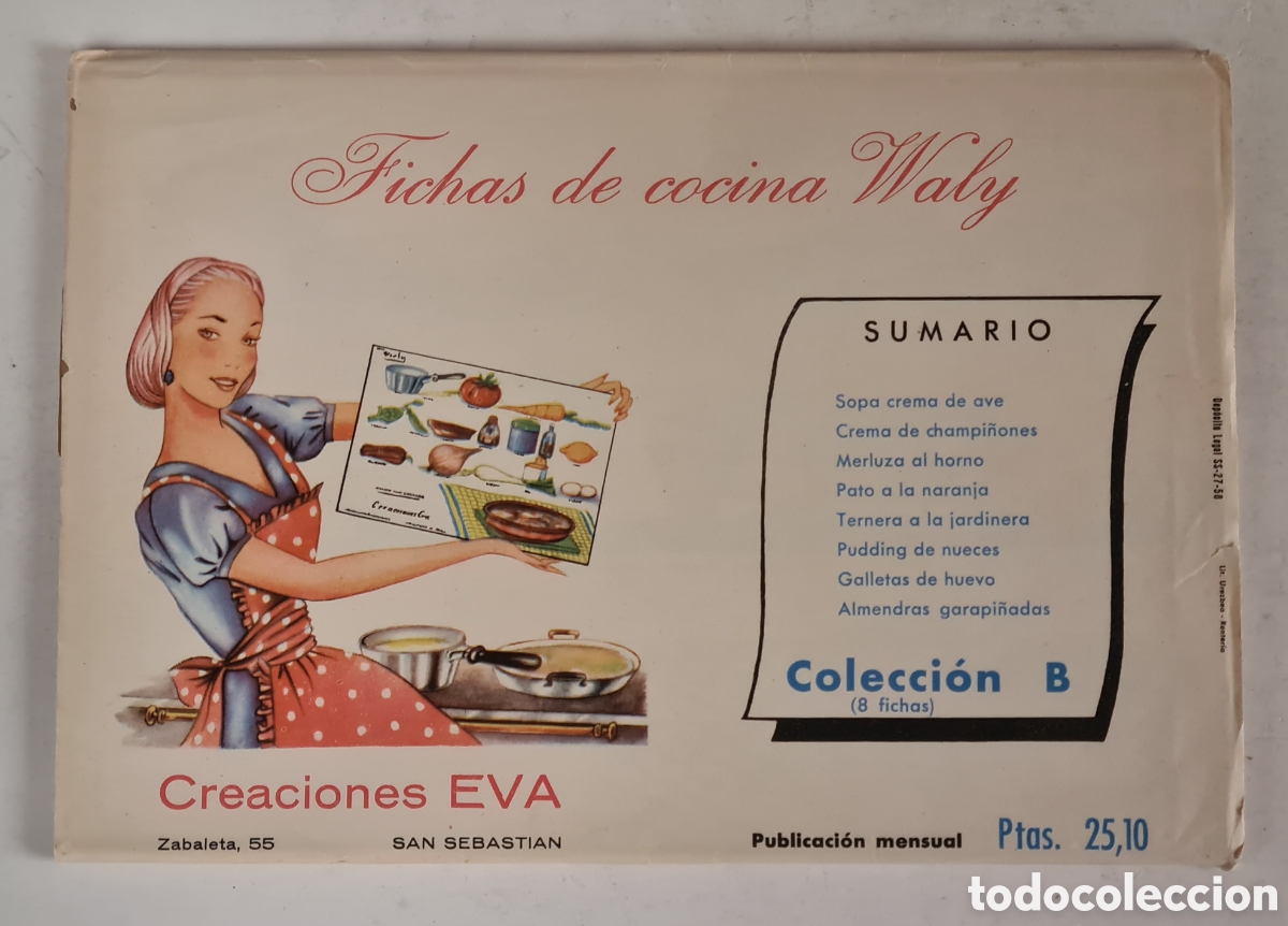 Vintage: 8 Fichas de Cocina Wally Colecci&oacute;n B - Creaciones Eva 1958 San Sebasti&aacute;n - Recetas Gastronom&iacute;a