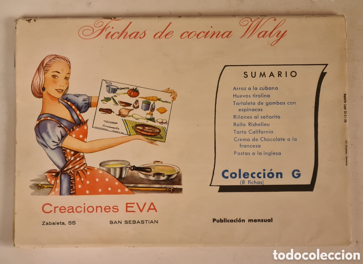 Vintage: 8 Fichas de Cocina Wally Colecci&oacute;n G - Creaciones Eva 1958 San Sebasti&aacute;n - Recetas Gastronom&iacute;a