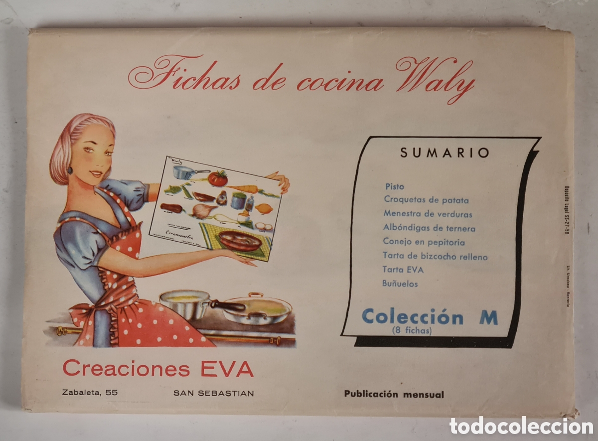 Vintage: 8 Fichas de Cocina Wally Colecci&oacute;n M - Creaciones Eva 1958 San Sebasti&aacute;n - Recetas Gastronom&iacute;a