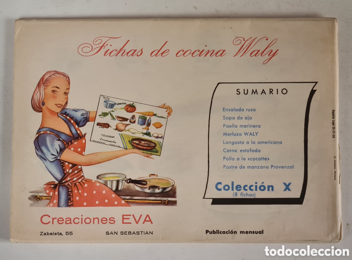 Vintage: 8 Fichas de Cocina Wally Colecci&oacute;n X - Creaciones Eva 1958 San Sebasti&aacute;n - Recetas Gastronom&iacute;a