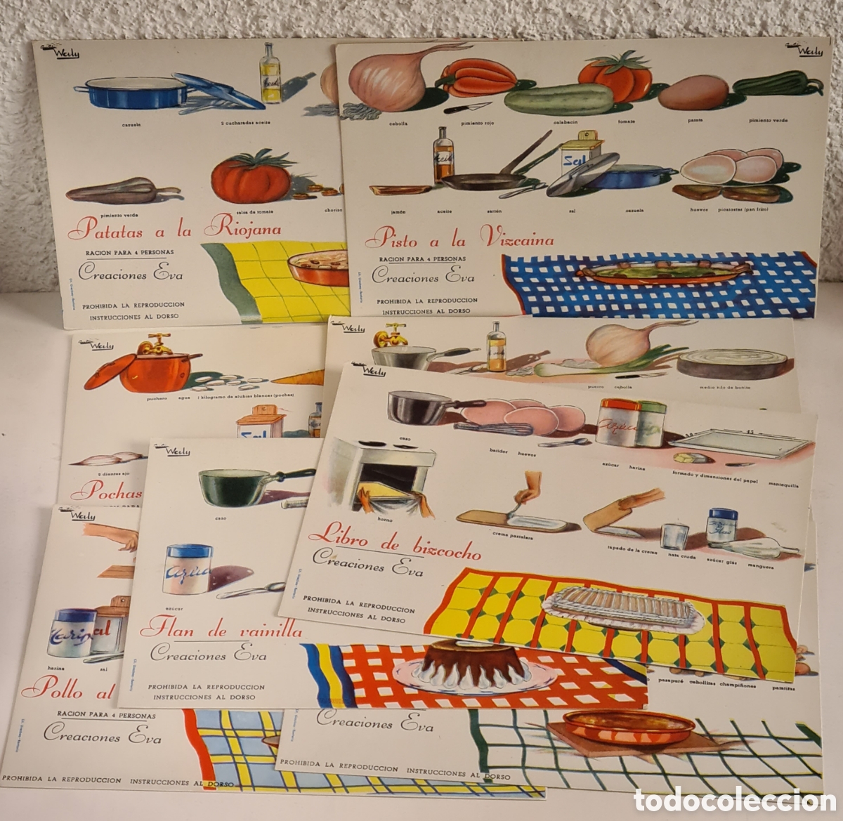Vintage: 8 Fichas de Cocina Wally Colecci&oacute;n XS - Creaciones Eva 1958 San Sebasti&aacute;n - Recetas Gastronom&iacute;a