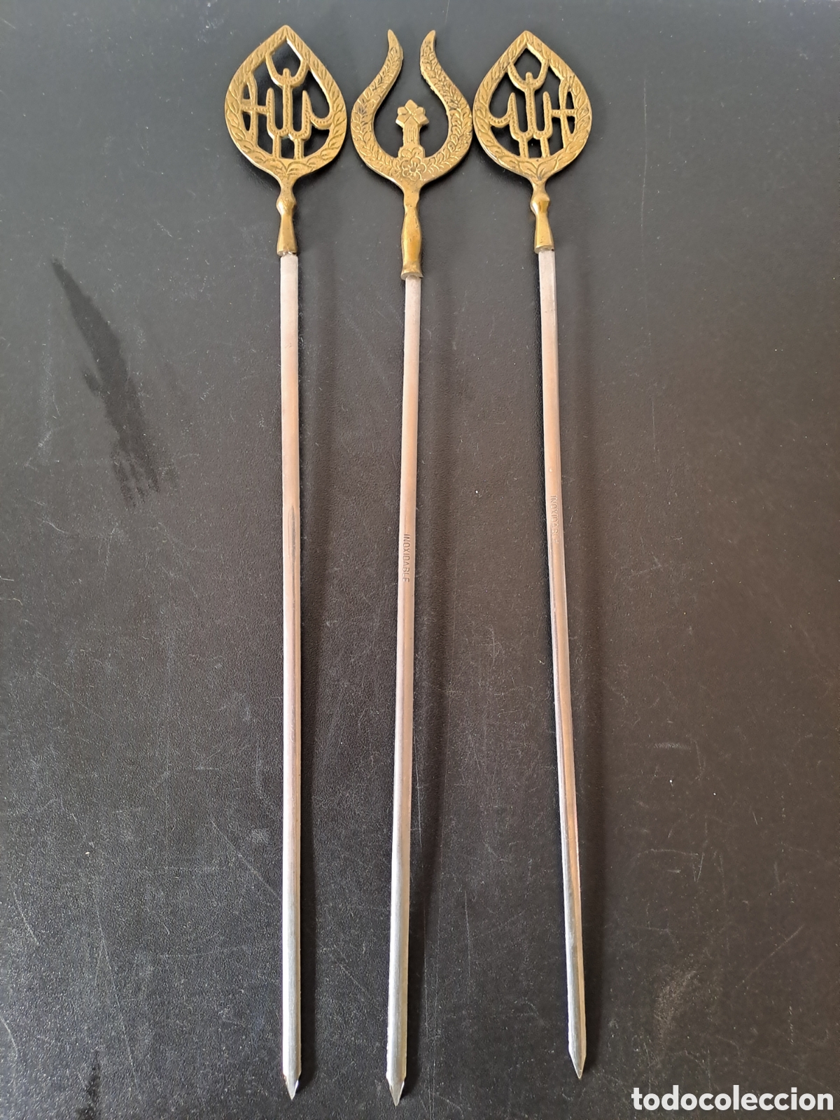 Vintage: JUEGO DE 3 BROCHETAS TURCAS? DE BRONCE Y ACERO INOXIABLE.