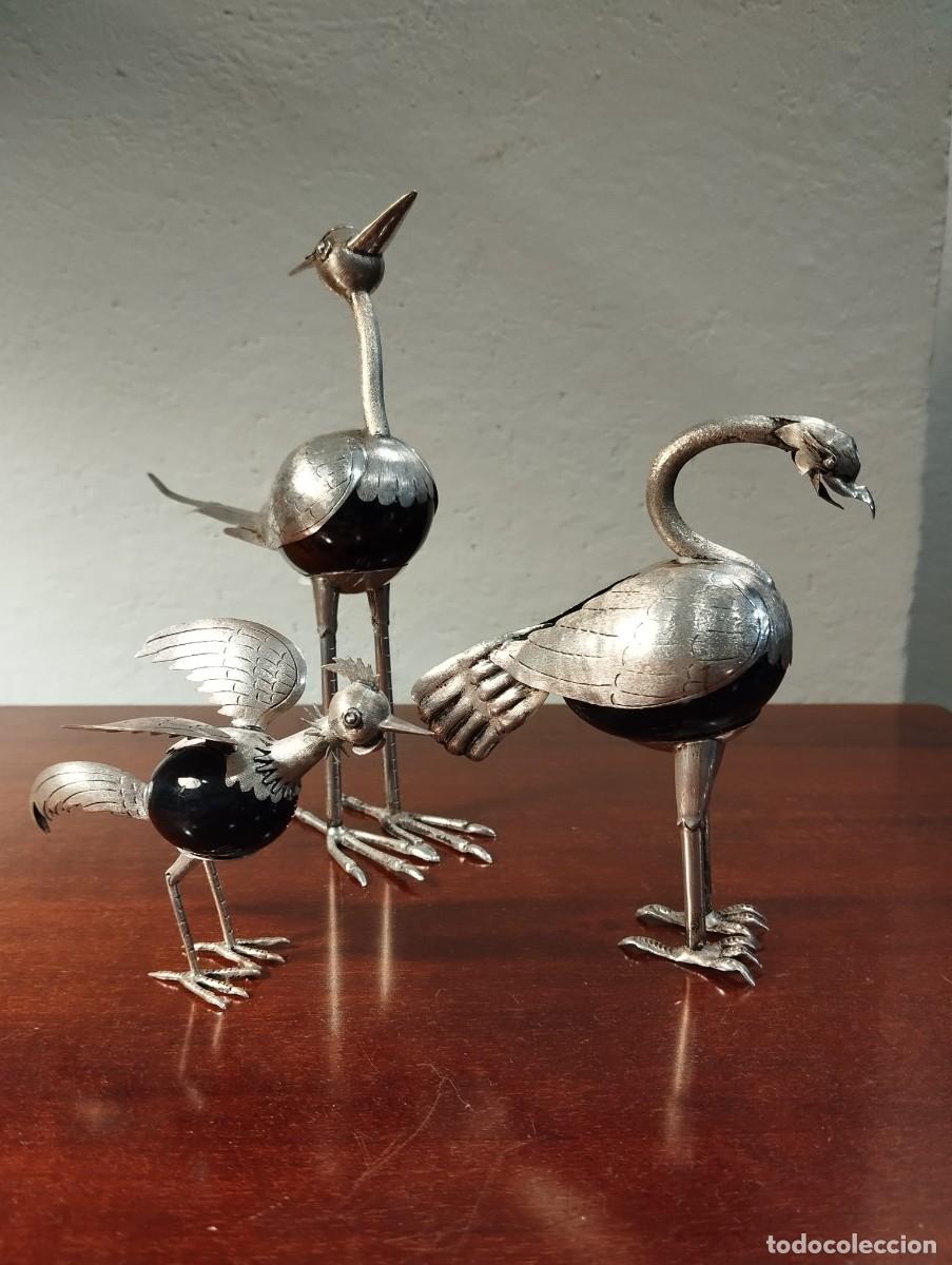 Vintage: 3 P&Aacute;JAROS DE PLATA MEXICANA Y PIEDRAS