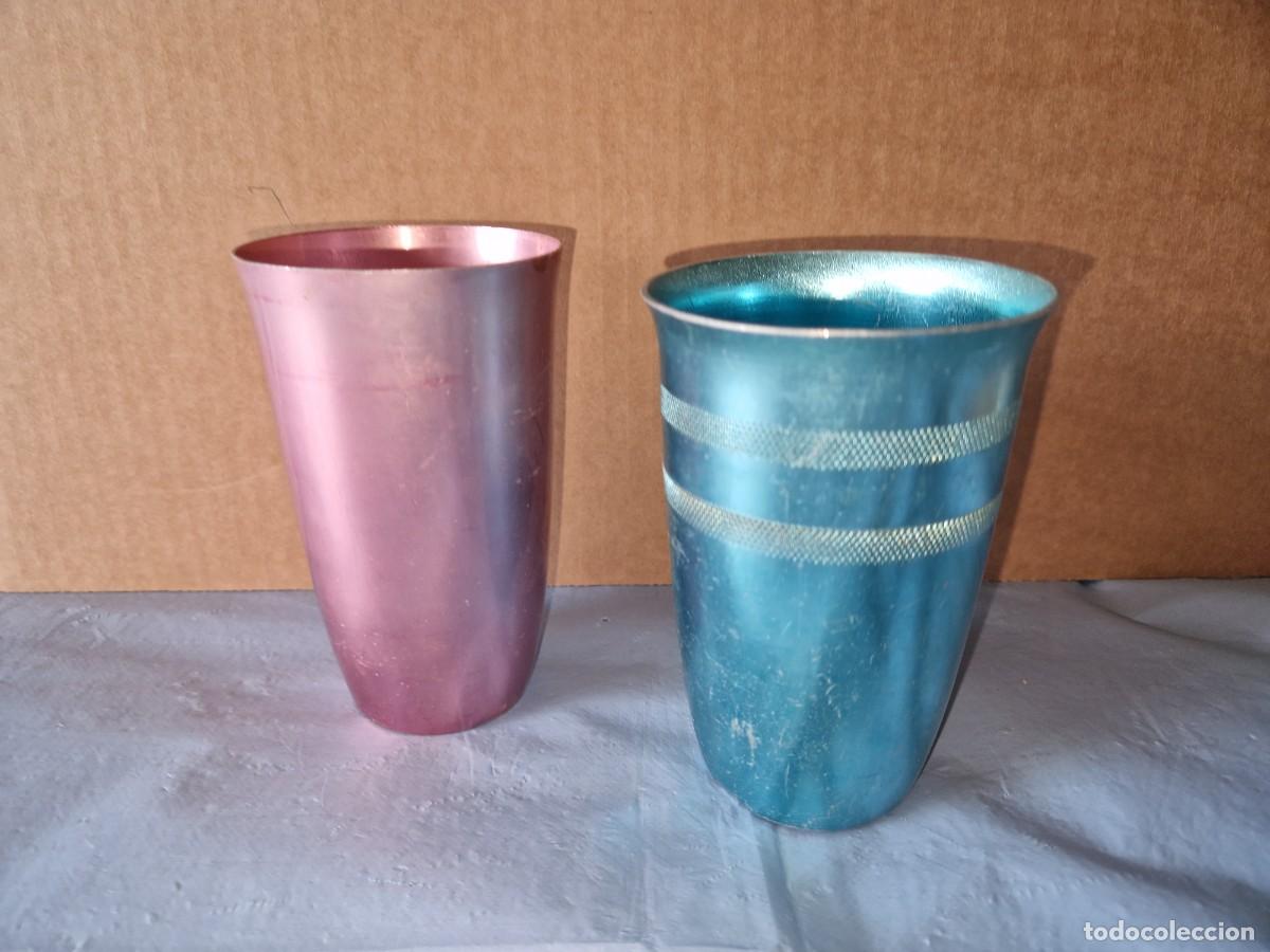 Vintage: Lote juego de dos vasos de metal aluminio anonizado vintage