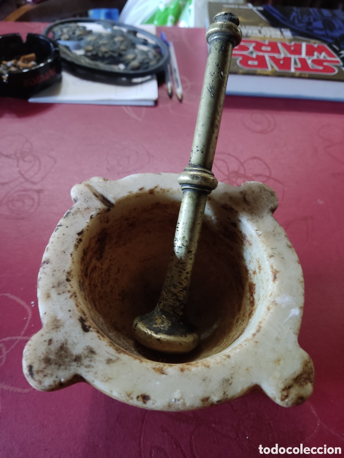 Vintage: Mortero o almirez m&aacute;rmol y maza bronce - Foto 1