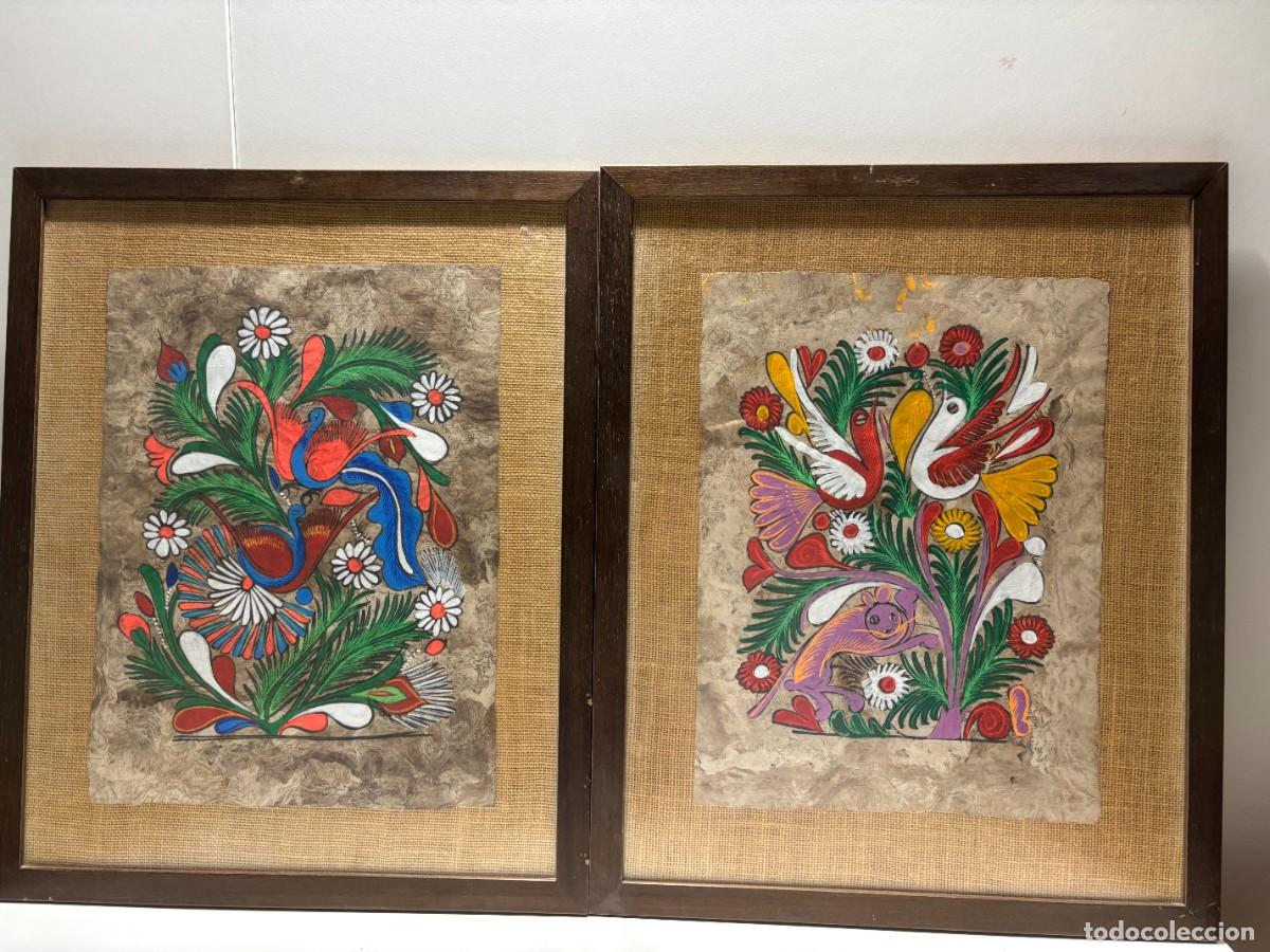 Vintage: 2 CUADROS PINTADOS CORETZA AMATE PINTURA POPULAR MEJICANA PASPARTU DE SAQUILLO