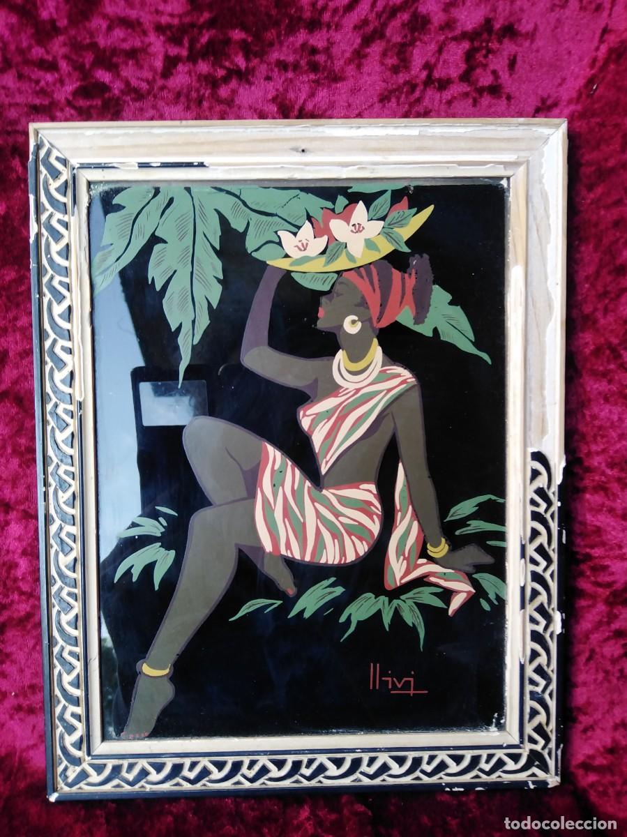 Vintage: Magn&iacute;fico cuadro jungle del genial Llivi sobre cristal de unos 20x30cms.representando una nativa de