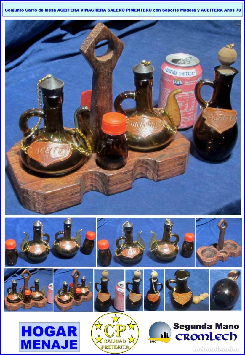 Vintage: VINAGRERA ACEITERA SALERO PIMENTERO con SOPORTE Madera y Aceitera Individual. A&ntilde;os 60-70 Vintage