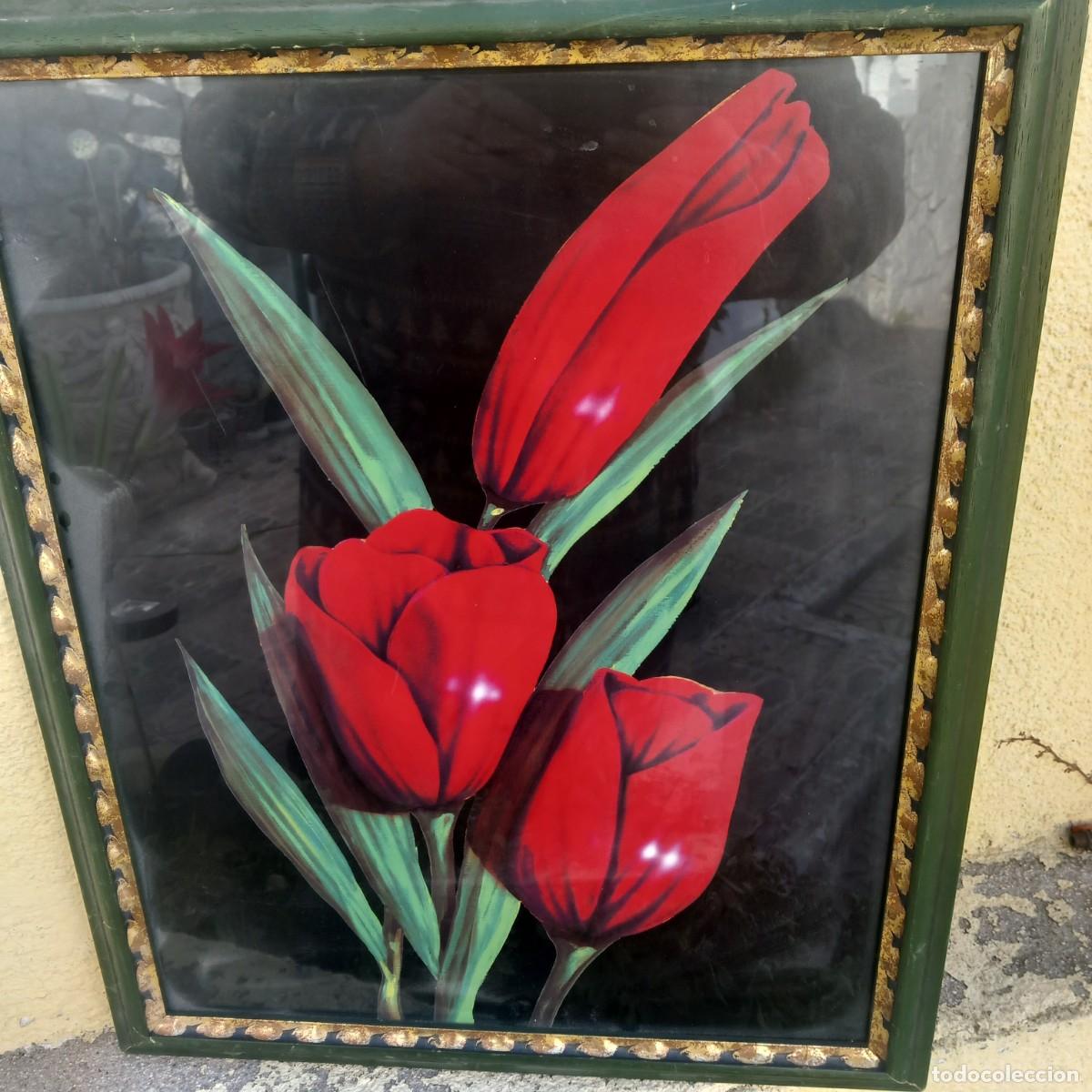 Vintage: Bonito cuadro tulipanes - Tulim&aacute;n lamina enmarcado y acristalado - marco con cristal 57 por 47 cms
