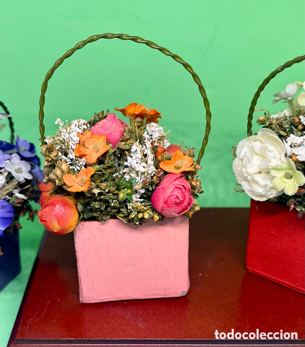Vintage: 3 CESTAS DE FLORES SECAS VINTAGE - Foto 7
