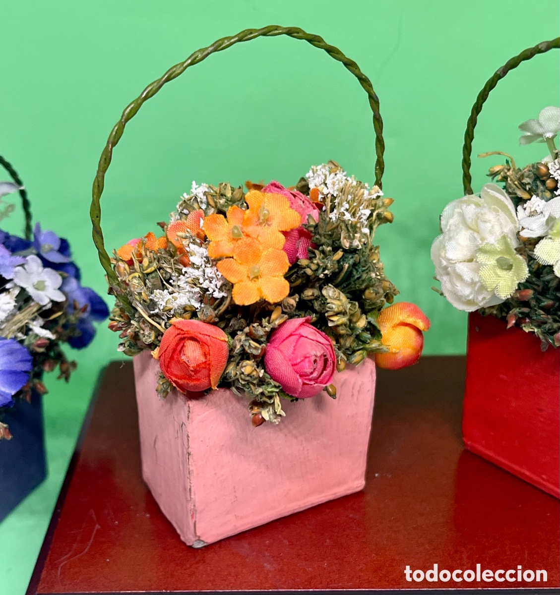 Vintage: 3 CESTAS DE FLORES SECAS VINTAGE - Foto 9