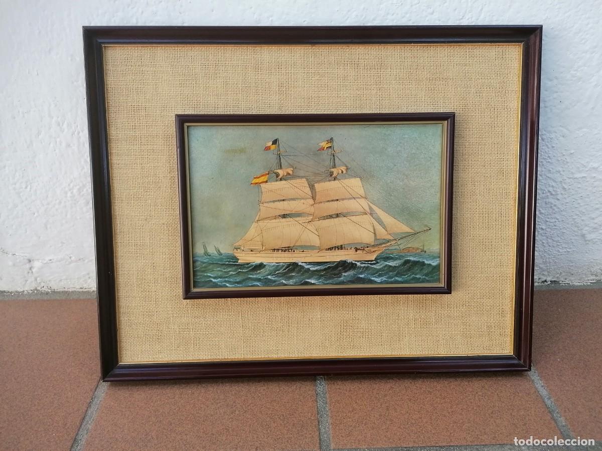 Vintage: Cuadro l&aacute;mina Barco de vela con paspart&uacute; de arpillera
