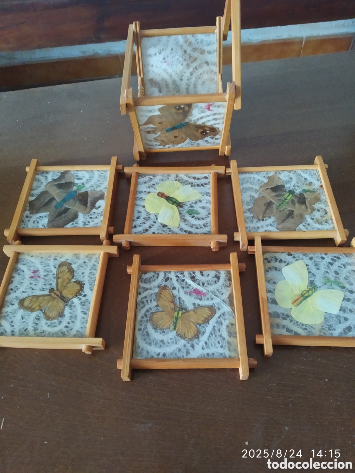 Vintage: 6 POSAVASOS MARIPOSAS con soporte - Foto 2