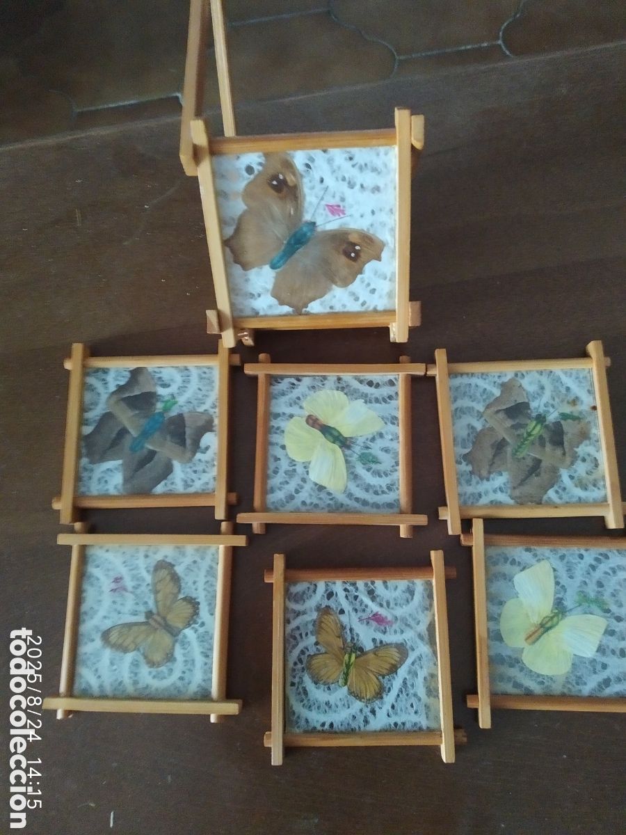 Vintage: 6 POSAVASOS MARIPOSAS con soporte - Foto 1