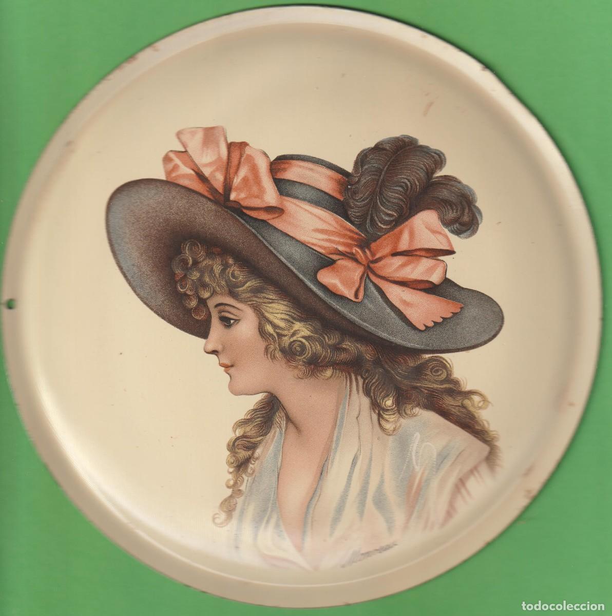 Vintage: RETRATO JOVEN CON SOMBRERO, SOBRE METAL LACADO REDONDO DIAMETRO 18,5 CM. FIRMADO (MONREAU)