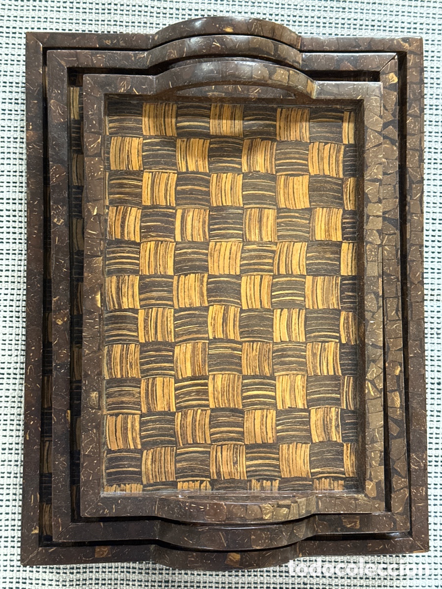 Vintage: Juego de 3 bandejas de teca y coco. Balinesas - Foto 4