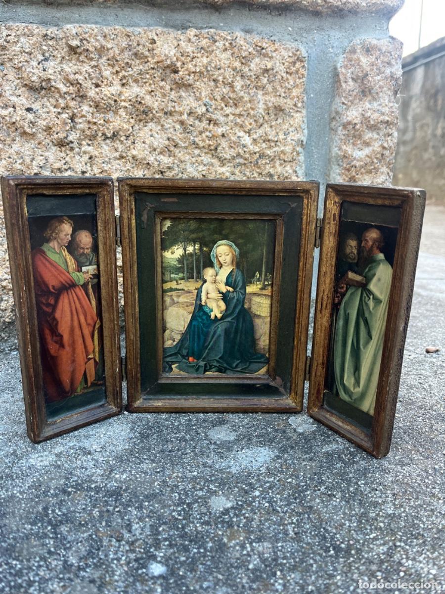 Vintage: Triptico realizado en madera, con l&aacute;minas religiosas. - Foto 1